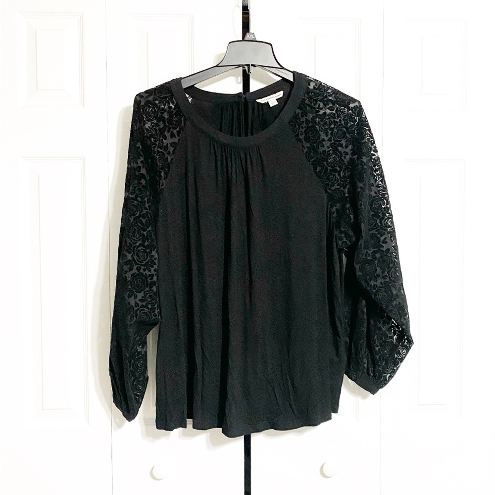 PRETTY Zac & Rachel woman black floral burnt out lace sleeve blouse size 2X